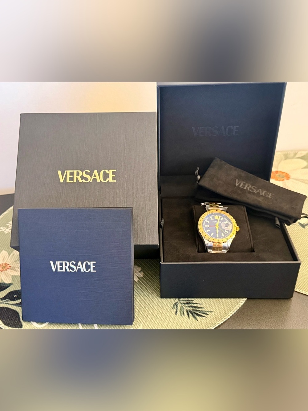 Versace Men's Two-Tone 42mm Rose Gold and Stainless Steel Watch with Blue Dial